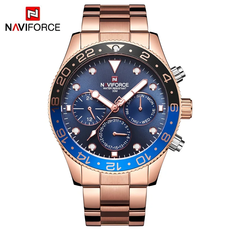 NAVIFROCE новые мужские часы армейские спортивные военные наручные часы Мужская мода нержавеющая сталь кварцевые Дата 24 часа Аналоговые часы мужские - Цвет: Rose gold blue