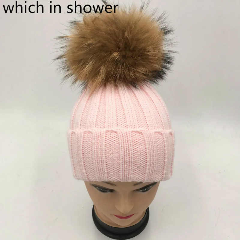 

Children girl real fur raccoon pompon knit hat cap winter warm crochet beanie with fur pom-poms ball kids bonnet