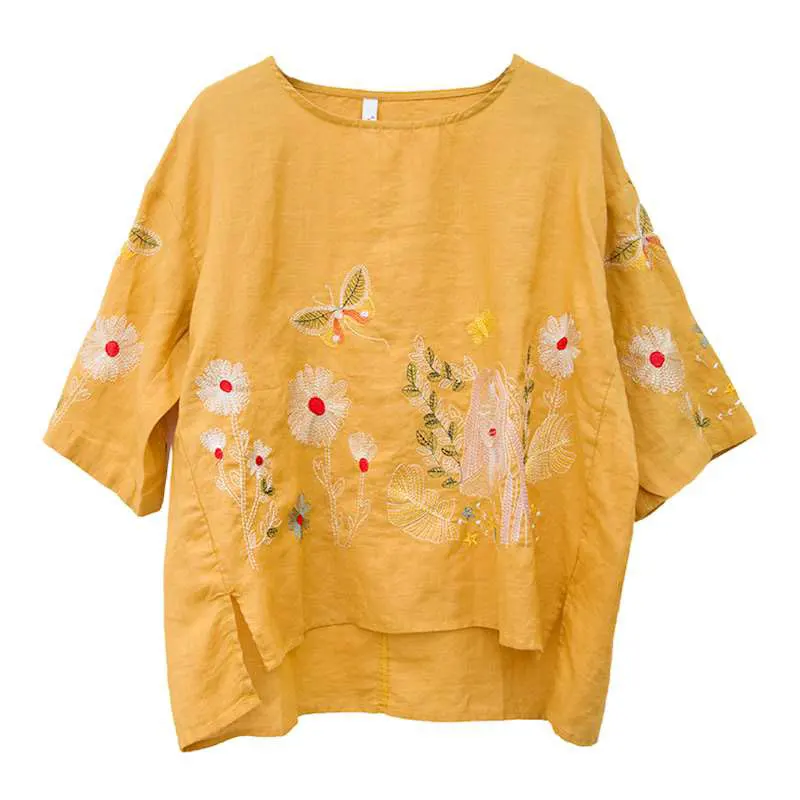 F&ampje New Summer Women Tshirt Plus Size Flower Embroidery Vintage Cotton Linen Tee Shirt Femme Short Sleeve O-neck Tops Big HXJ14 | Женская