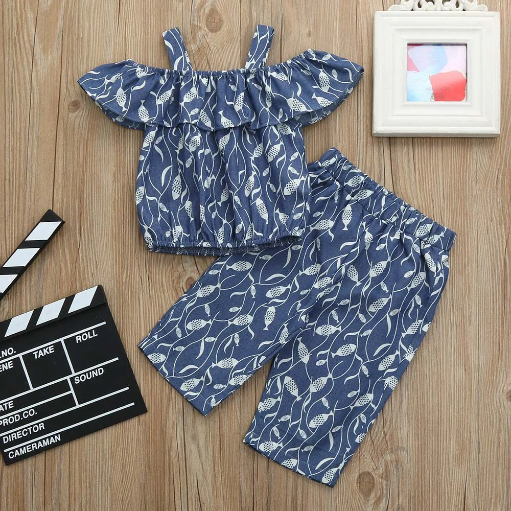 Girls Clothes Sets Summer Children's Two-piece set Cotton Kids Shoulder Short Sleeve Top+pants printing Set | Детская одежда и
