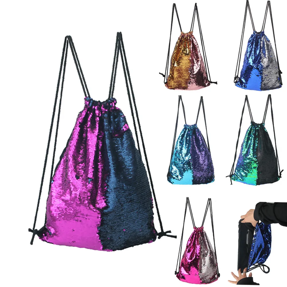 2018 Унисекс Рюкзак со шнурком женские розы повседневные двухцветные блестки