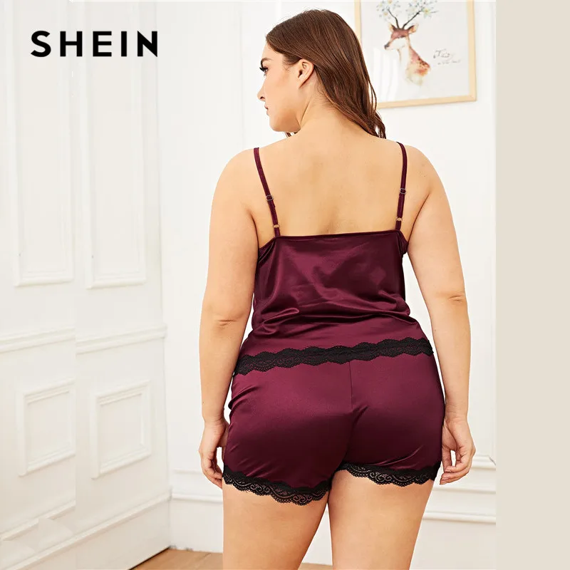 SHEIN размера плюс, женский летний пижамный комплект с кружевной отделкой, Бордовый топ на бретельках с шортами, одежда для сна без рукавов на бретельках