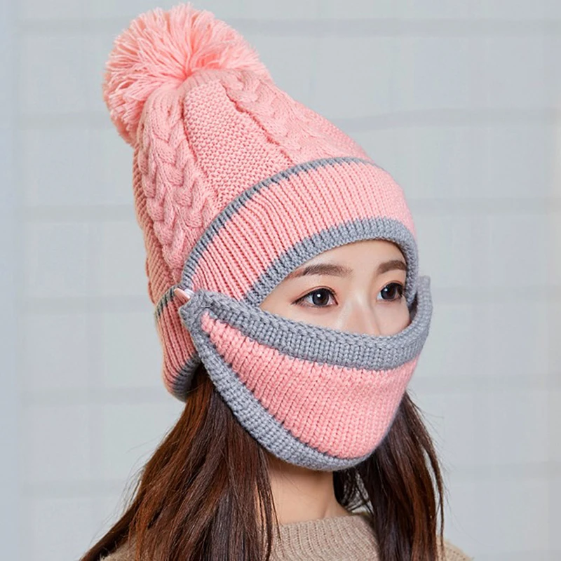 Pink1 Женские зимние шапки, вязаные утолщенные шапки с теплой маской и шейным шарфом, комплекты для водителя, ветрозащитные комплекты, шарф, шапка и перчатки - Цвет: Pink1