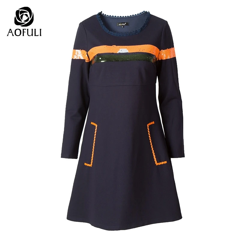 AOFULI L-3xl 4xl 5xl большой размер женское платье с блестками длинным рукавом весеннее