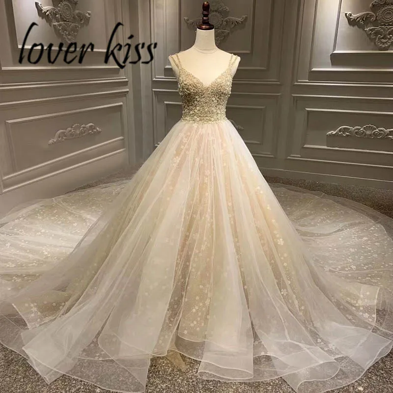 Lover Kiss Vestido De Noiva Sparkly V Neck Spaghetti Straps Wedding Dresses Beaded Crystal Bride Wedding Gowns Real Photo Luxury