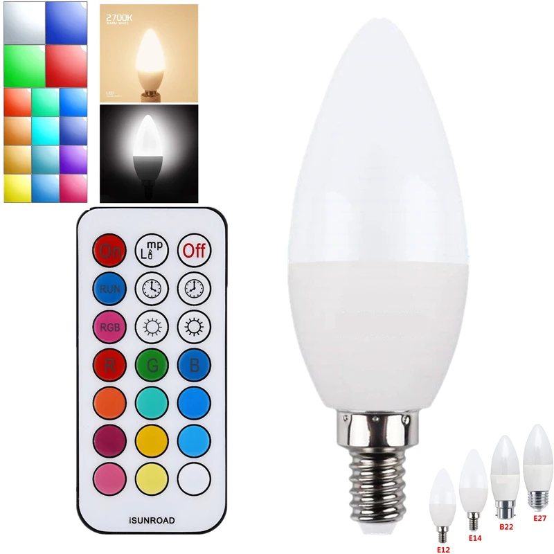 E12/E14/B22/E27 3 Вт RGB светодиодный светильник 16 цветов, меняющий свечу, лампа с дистанционным управлением, AC85-265V, украшение для дома на Рождество