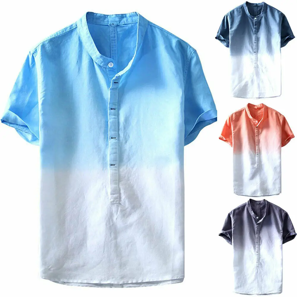 

Мужская льняная рубашка с коротким рукавом, летняя модная дышащая рубашка из хлопка и льна с градиентом, 2019