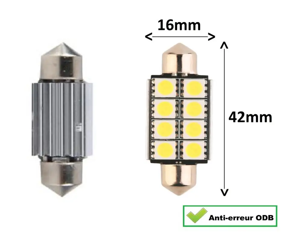 

2 Navettes LED C5W festoon 41 mm 42 mm 8 smd BLANC WHITE CANBUS ANTI ERREUR ODB