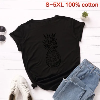 black SINGRAIN летняя S-5XL размера плюс футболка с принтом ананаса Женские топы с рисунком фруктов хлопок короткий рукав свободная футболка - Цвет: black