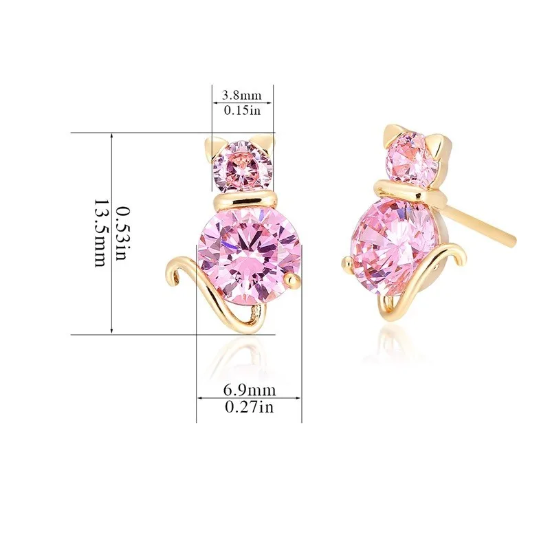 Yellow Gold Color Cute Cat Kitty Clear Zircon Anti-Allergic Piercing Stud Earrings for Women Children Girls Kids Jewelry Aros