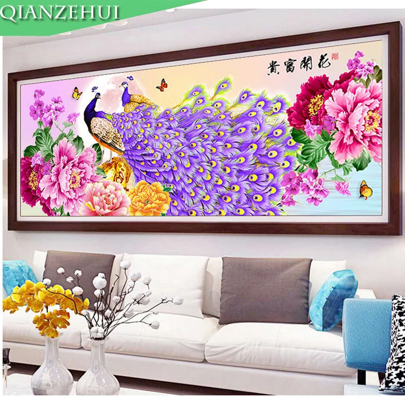 QIANZEHUI алмазная вышивка круглые алмазы богатый Павлин пион полная Стразы 5D