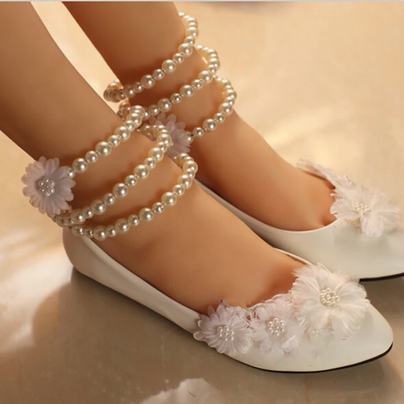 Only 1 pair New White Beautiful Women Flats Shoes Bridal Flower Pearl Wedding  Shoes With Pearl Foot Ring Inner Length 250mm | Обувь | АлиЭкспресс