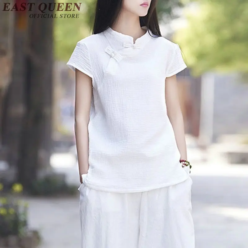 Женская льняная рубашка с коротким рукавом и воротником стойкой Cheongsam элегантная