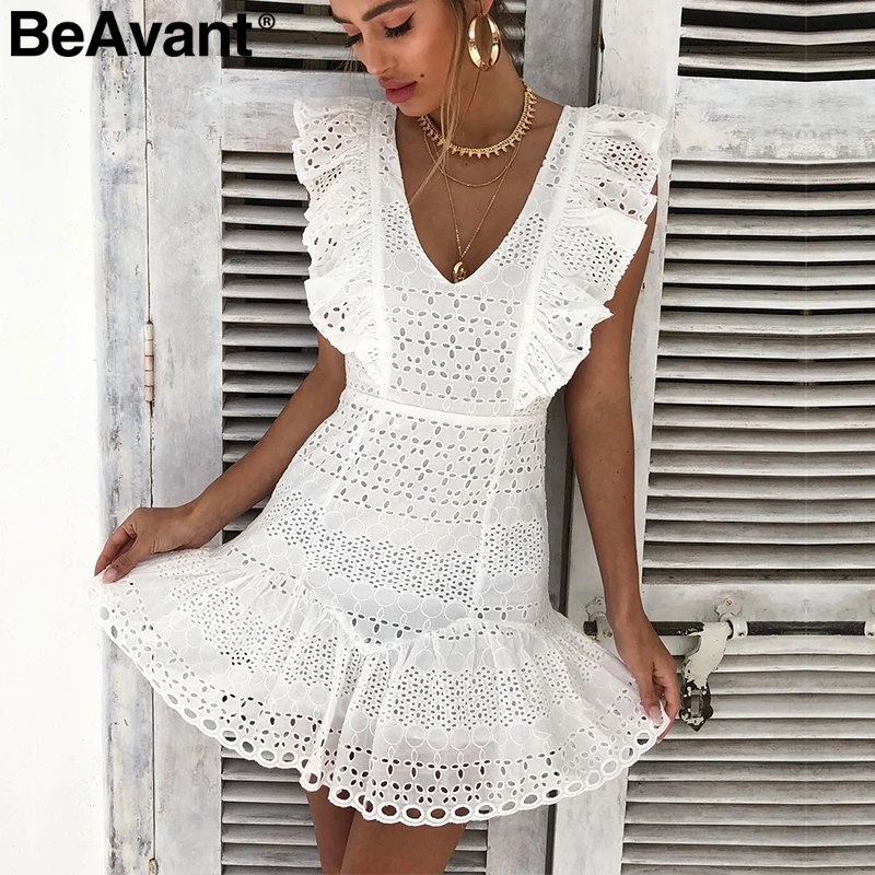 Женское хлопковое платье с оборками BeAvant белое повседневное винтажное высокой