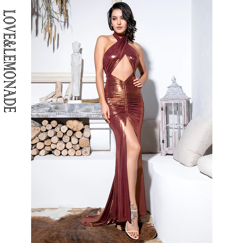 Женское длинное блестящее платье LOVE & LEMONADE коричневое облегающее из ткани со