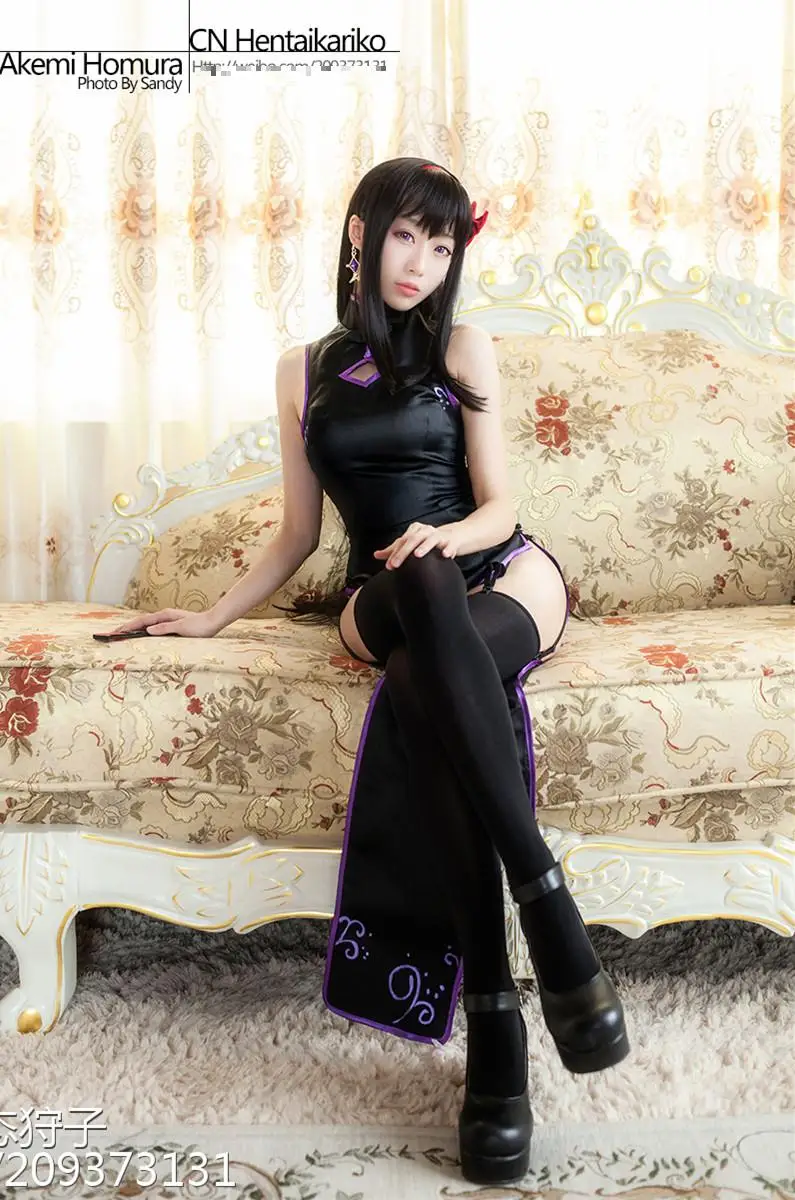 Волшебная девушка Kaname Madoka Cheongsam Черное длинное сексуальное платье + головной убор
