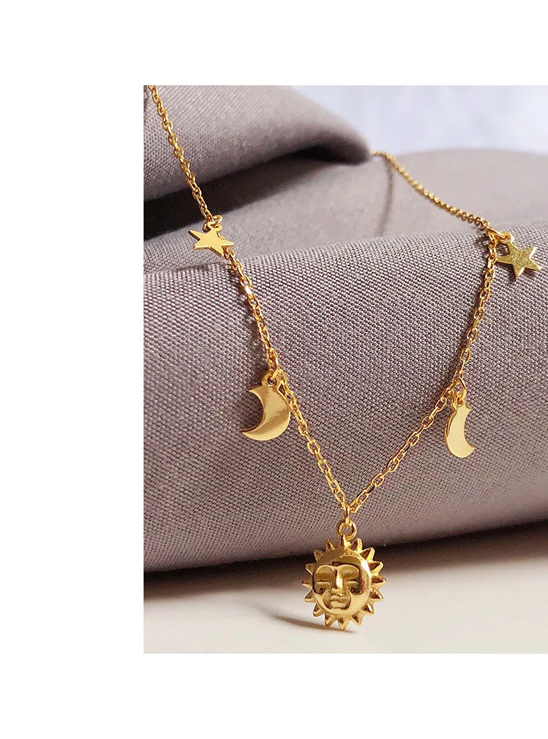 Leouerry 925 Sterling Silver Beautiful Sun Moon Star Necklace 14K Gold Plated Clavicular Chain Necklace for Women Simple Jewelry