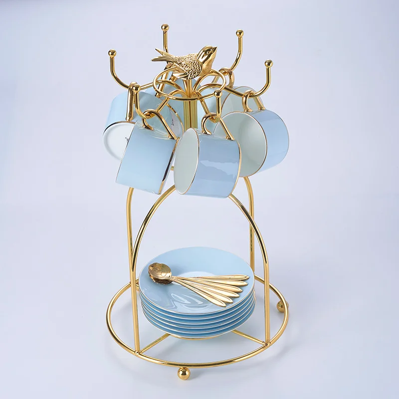 6Cups Birdcage Золотой, синий, костяной фарфор, кофейный набор, роскошный фарфор, благородный чайный набор, расширенный горшок, чашка, керамическая кружка, сахарница, сливочник, чайная посуда - Цвет: 6Cups Birdcage