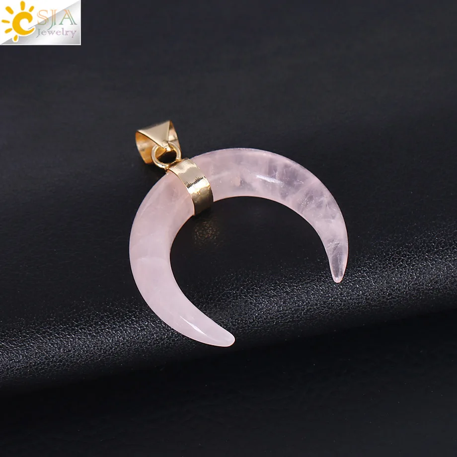 Rose Quartz CSJA натуральные камни полумесяц лунные Ожерелья Подвески Фиолетовый Кристалл розовый кварц белый камень золото цвет рейки женские ювелирные изделия F306 - Окраска металла: Rose Quartz