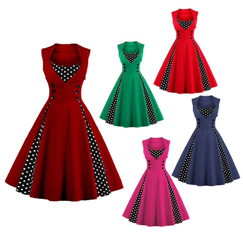 

Summer Dress For Women Cute Dot Retro Design Sleeveless Stitching Dress Princess Slim Waist Button Big Swing Vintage Dresss