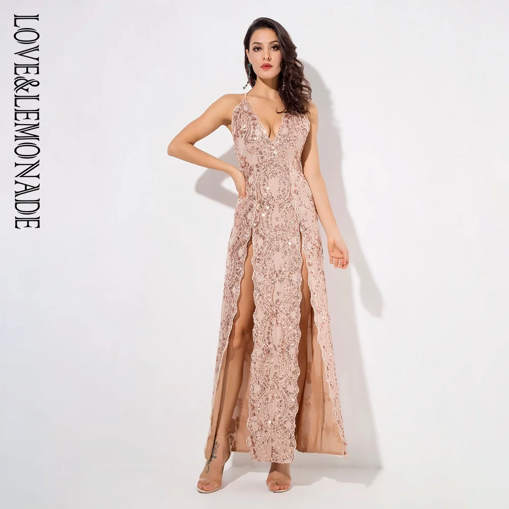 LOVE & LEMONADE Gold Deep V-Neck Open Back Cut Out Flower Sequins Long Dress LM81165 | Женская одежда