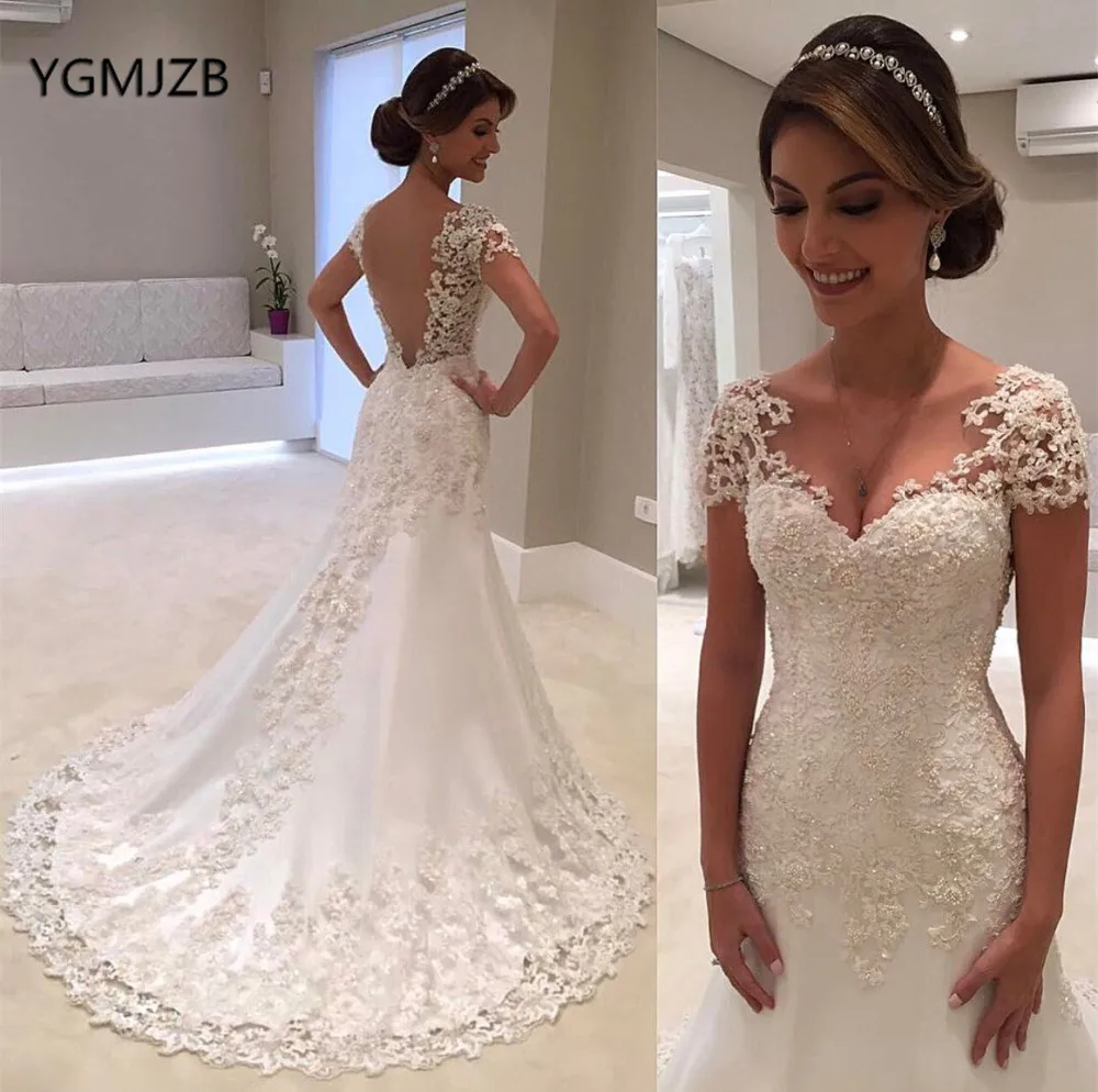 

Vintage Lace Wedding Dress Plus Size 2018 Mermaid Short Sleeves Backless Bridal Gown Trouwjurk Vestido De Noiva Casamento Mariag