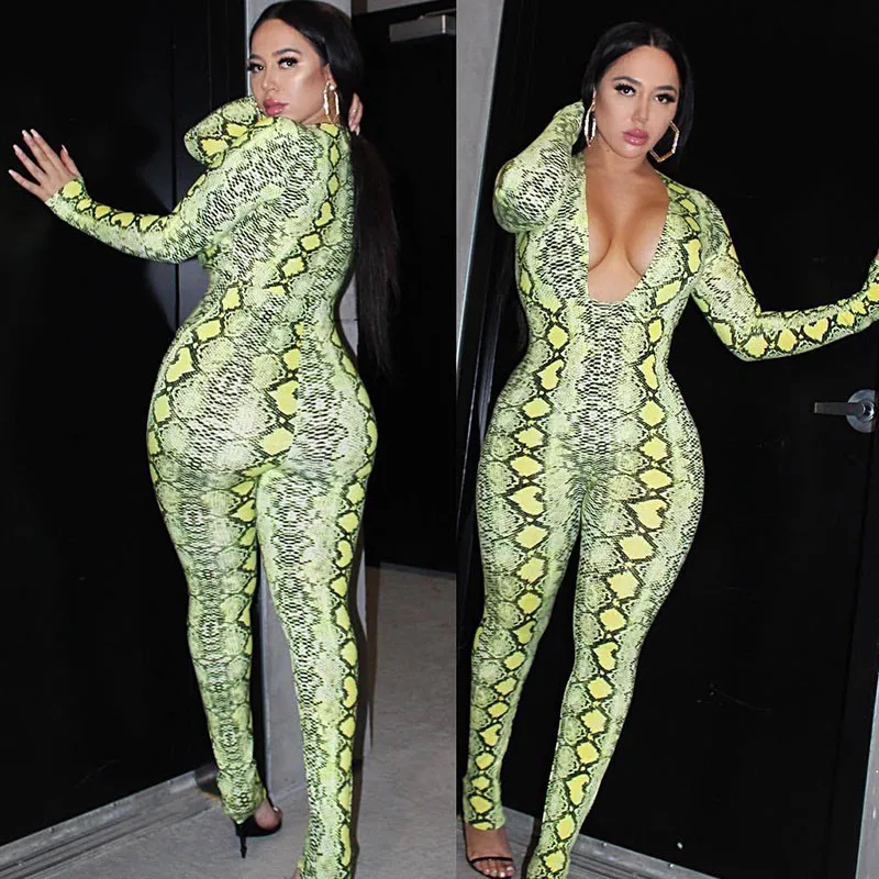Женский комбинезон со змеиным принтом Облегающий с глубоким V образным вырезом и
