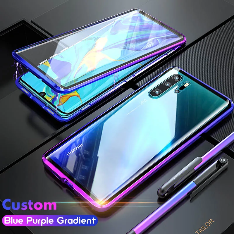 Gradient 360 Защита всего тела магнитный металлический бампер для huawei P30 Pro прозрачное закаленное стекло-Броня чехол для телефона для huawei P30 - Цвет: Gradient