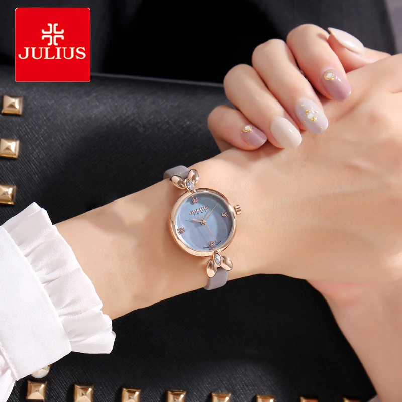 Элегантные женские часы Julius кварцевые на кожаном ремешке наручные со стразами и