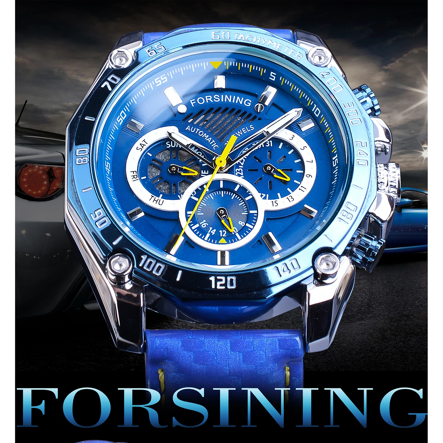 Мужские автоматические часы Forsining Blue модные спортивные с большим циферблатом