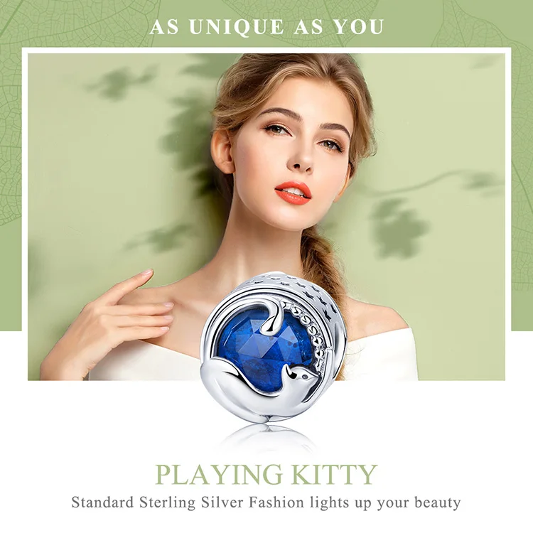 MOWIMO Kitty Cat хрустальные бусины из синего камня 925 пробы серебро подходят к оригинальному браслету Pandora талисманы для женщин Изготовление ювелирных изделий BKC708