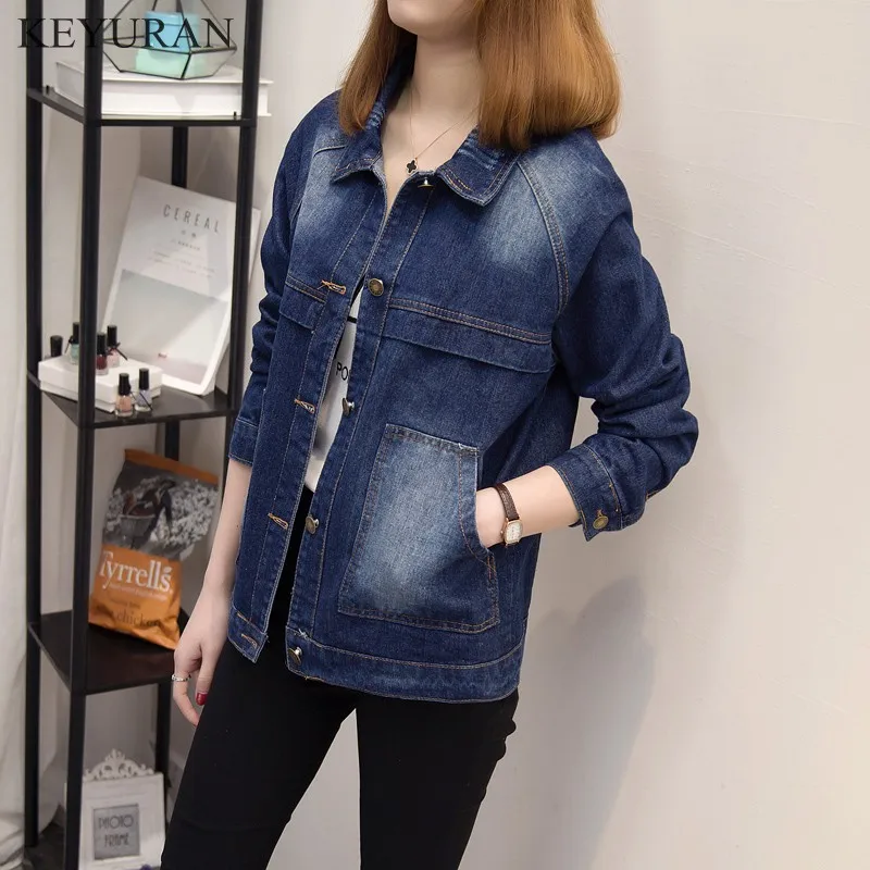 Женская джинсовая куртка размера плюс XXXL 4XL 5XL с карманами длинным рукавом