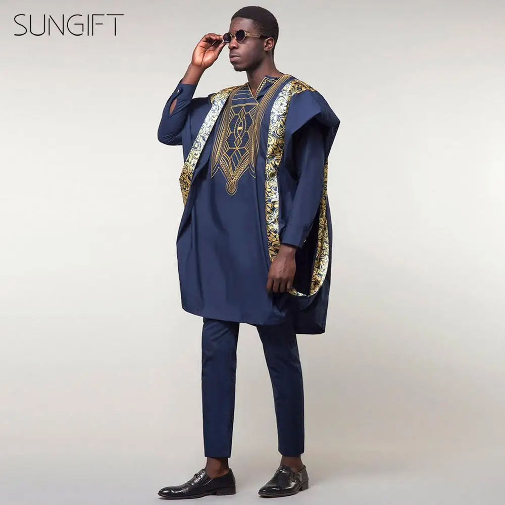 SUNGIFT Мужская традиционная одежда в африканском стиле с принтом Agbada Топ dashiki рубашки и брюки Boubous Slim Fit наряды 3 шт.(M-6XL - Цвет: Blue
