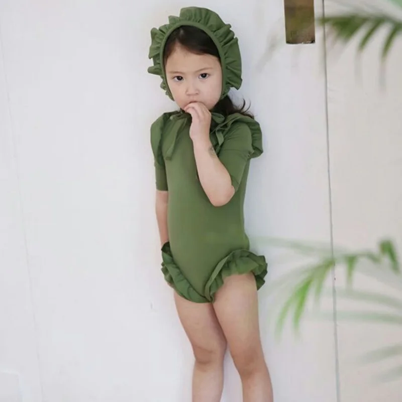 Цельный милый пляжный спортивный Одноцветный купальный костюм для девочек