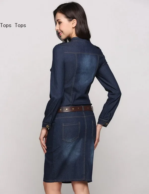 FANALA Women Summer Dress 2017 Fashion Bodycon Denim Dresses Long Sleeve V Neck Front Button Belted Office Pencil Vestidos |