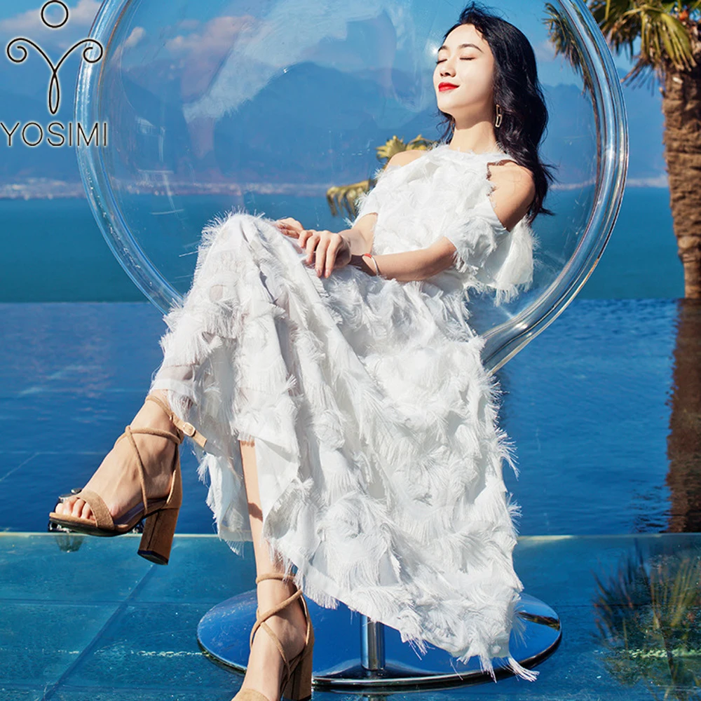 YOSIMI 2018 Summer Long Women Dress Maxi Elegant White Voile Feather 3D-Embroidery Short Sleeve Evening Party Fairy Halter | Женская