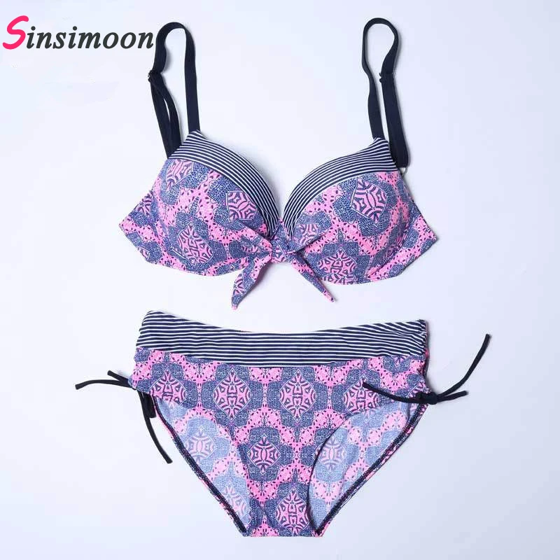 Сексуальный розовый купальник в полоску с принтом большие чашечки размеры