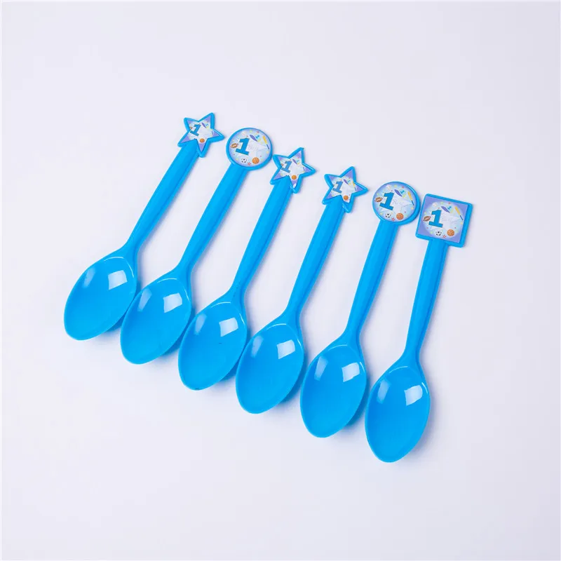 Spoon 6 pcs 1-я Спортивная Тема дети с днем рождения украшения для мальчика Одноразовый бумажный стаканчик, тарелка салфетки скатерть для душа - Цвет: Spoon 6 pcs