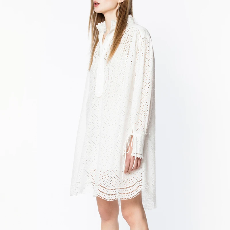 TWOTWINSTYLE Summer Embroidery Women's Dress Stand Collar Long Sleeve Hollow Out Solid Mini Dresses Female 2020 Fashion New | Женская