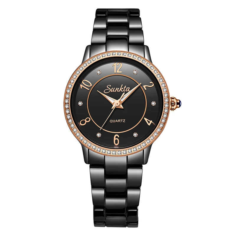Rose gold black SunKta, Роскошные, Цвета: розовое золото, черный, керамические, водонепроницаемые часы для женщин, Классическая серия, женские часы, высокое качество, женские Стразы, часы - Цвет: Rose gold black