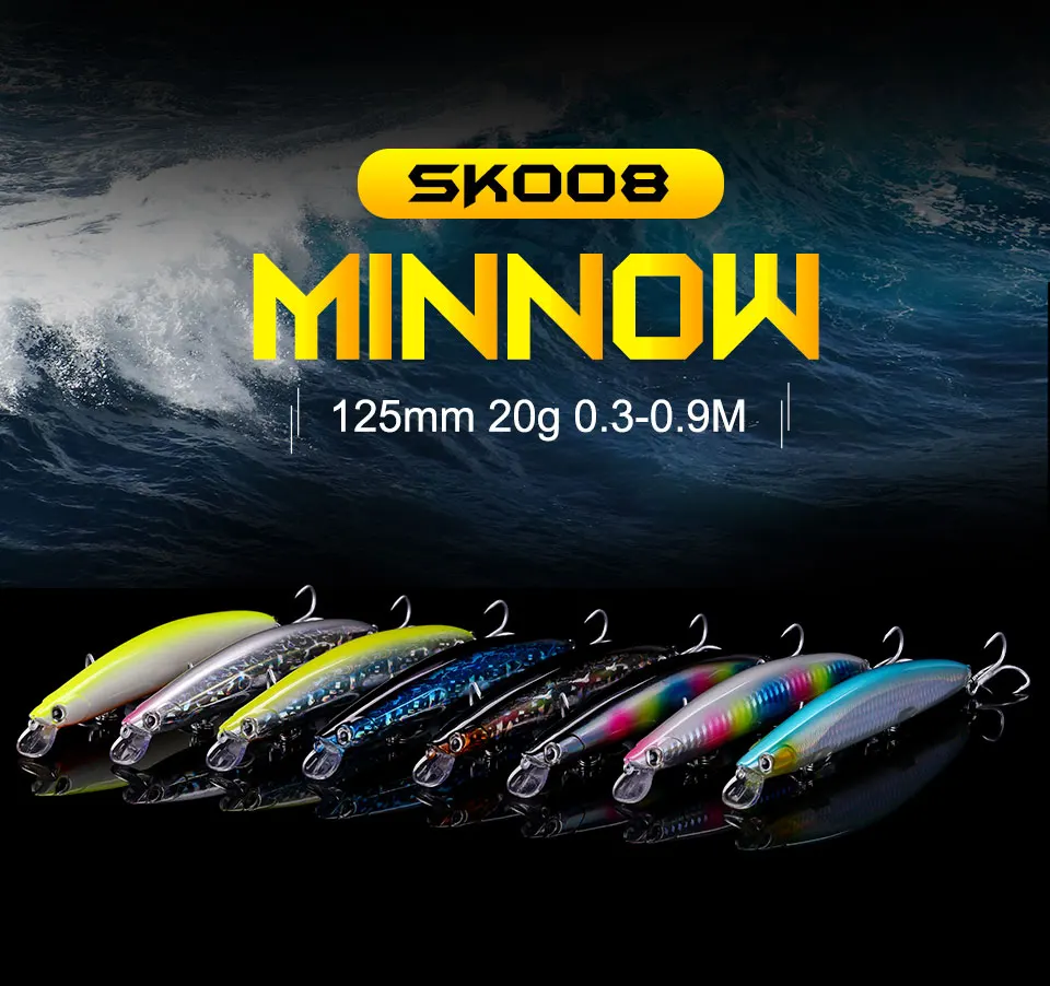 SeaKnight SK008 длинный Литой гольян 20 г 125 мм рыболовные приманки воблер для мелкой рыбы 0,3-0,9 м жесткая приманка рыболовные аксессуары 8 цветов