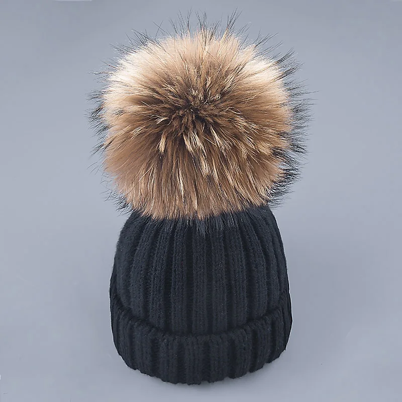 Зимняя женская шапка с помпонами, вязаная шапка Skullies Beanies, Толстая теплая зимняя шапка Beanies, меховая шапка с помпонами, зимний подарок для женщин - Цвет: Black