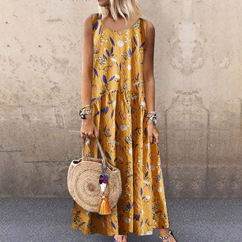 Длинное платье с цветочным принтом для женщин повседневное богемное пляжное без
