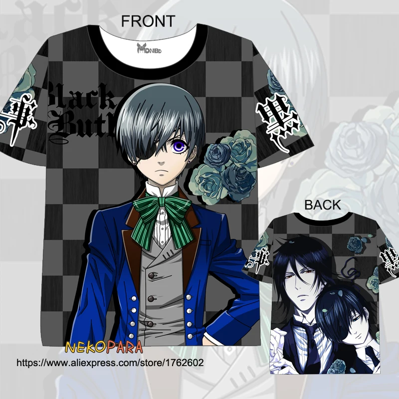 

Летняя японская футболка с принтом черного Батлера Себастьяна и небесно-голубого цвета, Повседневная рубашка с коротким рукавом для мужчин...