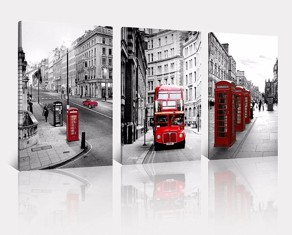 3 Piece Vintage London Street Red Bus Canvas Wall Picture for Living Room Art Landscape Decorative pictures Home Decor | Дом и сад