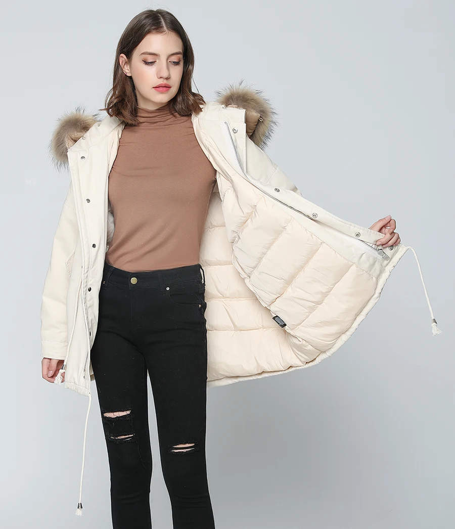 OFTBUY бренд, зимняя куртка, Женская парка, верхняя одежда, парки, натуральный мех енота, пальто, белый утиный пух, теплая плотная куртка