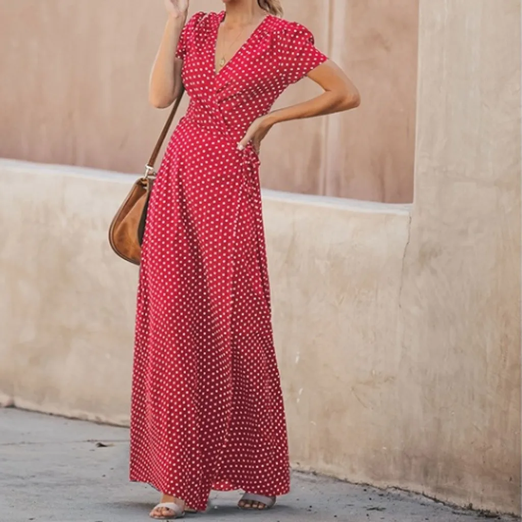 Женское длинное платье в горошек Повседневный Сарафан с v-образным вырезом и