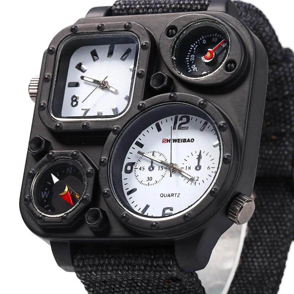 SHIWEIBAO Men's Big Dial Dual-Movement Sport Quartz Watch with Military Compass, Canvas Wristwatches - Relogio Masculino image 2