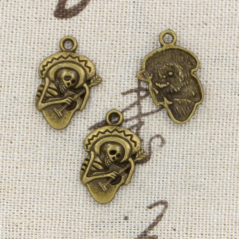 

30pcs Charms Skull In Sombrero With Guitar 25x10mm Antique Bronze Silver Color Pendants Making DIY Handmade Tibetan Jewelry