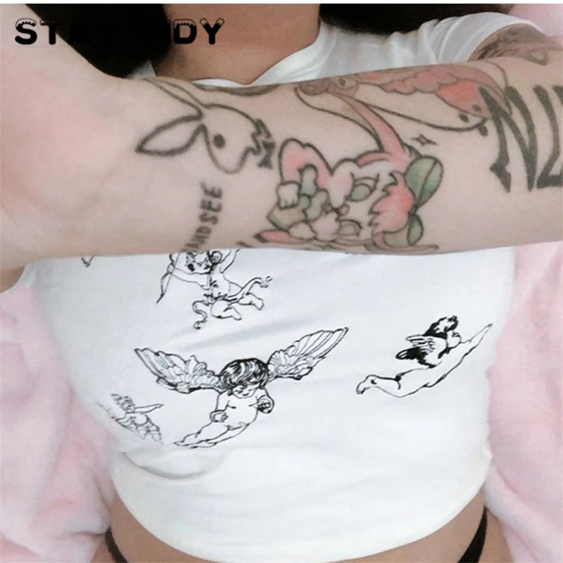 STAY TIDY Angel Cupid Print Cotton Crop Tops Summer Women 2019 Short Sleeve O-Neck Slim T Shirts Casual Female Streetwear Tees | Женская